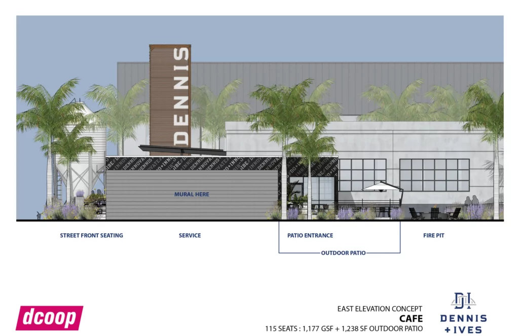 dennis and ives cafe render with mural, outdoor patio, and fire pit