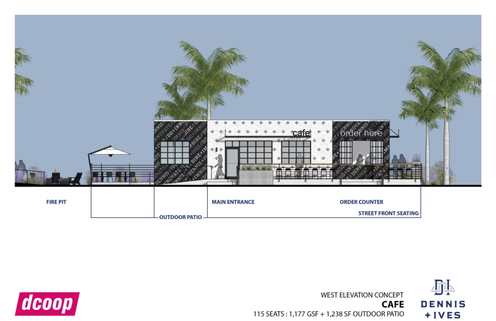 dennis and ives cafe render showing full building side view