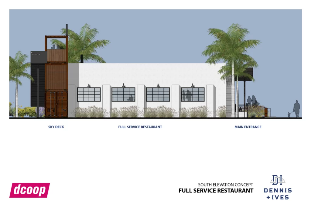 dennis and ives full service restaurant render with sky deck and main entrance