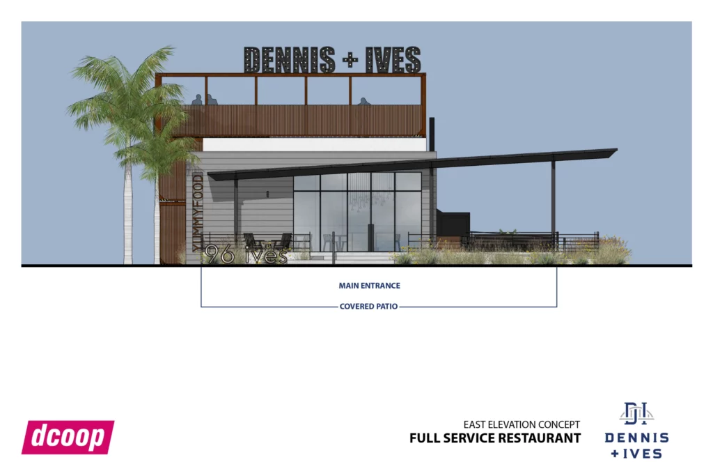 dennis and ives full service restaurant render with covered patio and main entrance