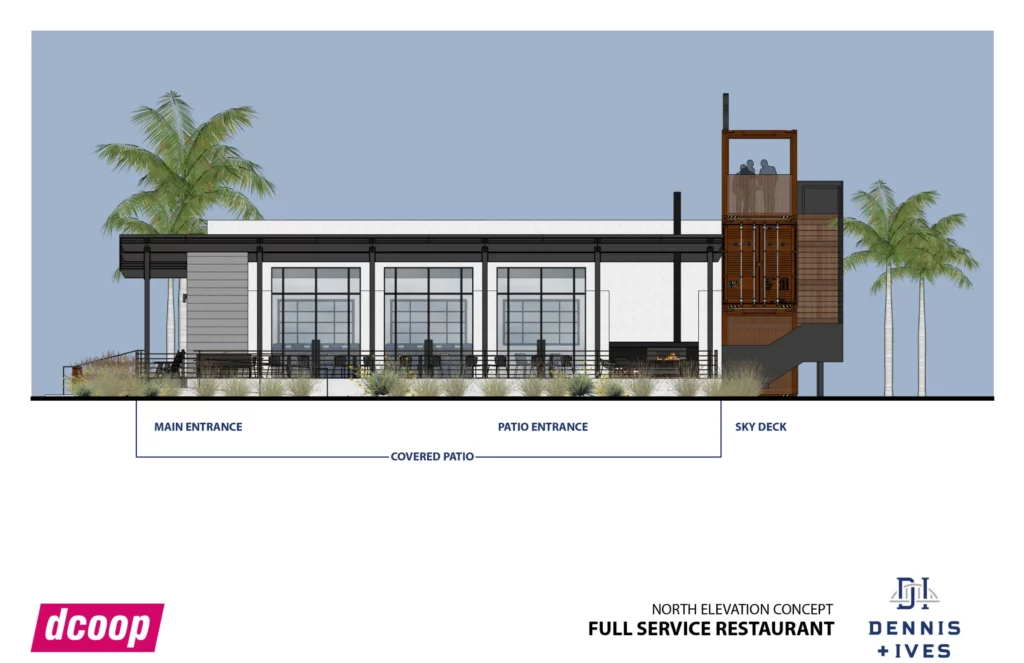 dennis and ives full service restaurant render with covered patio and sky deck